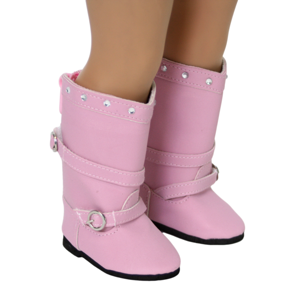 A pair of pink knee-high boots with rhinestones and buckle details, designed for 18-inch dolls.