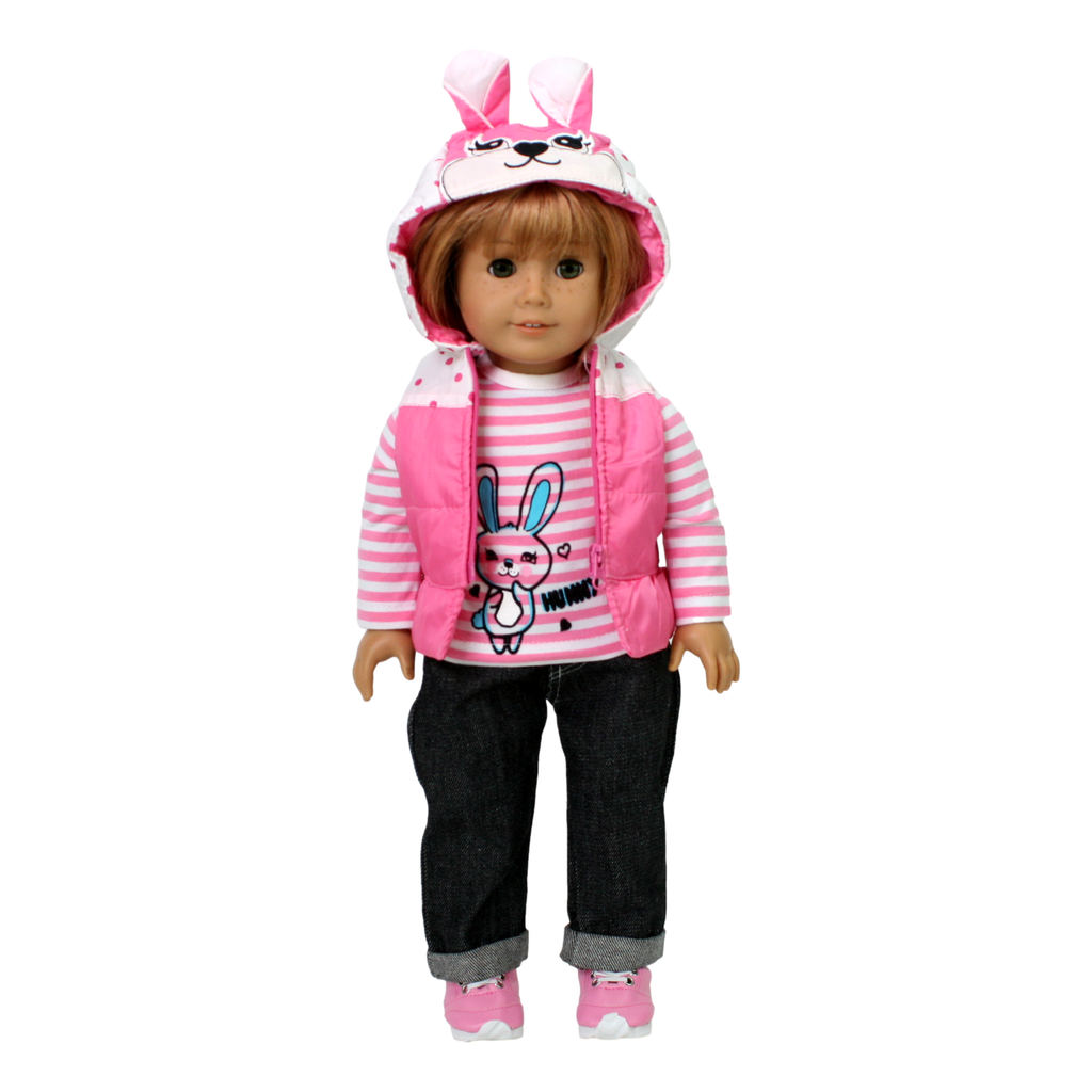 Three-piece Easter bunny outfit for 18" dolls, featuring a pink puffer vest with bunny ears, a pink and white striped t-shirt with a cute bunny graphic, and cuffed blue jeans.