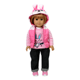 Three-piece Easter bunny outfit for 18" dolls, featuring a pink puffer vest with bunny ears, a pink and white striped t-shirt with a cute bunny graphic, and cuffed blue jeans.