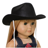 A black cowboy hat designed for 18-inch dolls, featuring a wide brim and high crown.