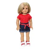 An 18-inch doll wearing a red t-shirt with a star pattern and a denim skirt with a red ribbon belt.