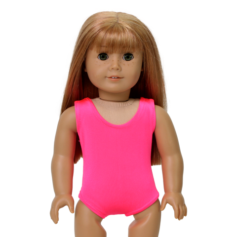 An 18-inch doll wearing a hot pink sleeveless gymnastics/dance leotard.
