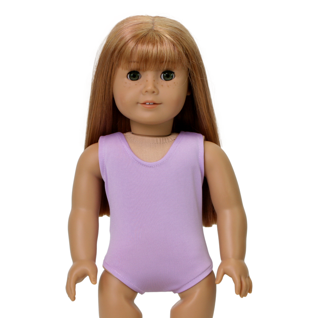 An 18-inch doll wearing a lavender sleeveless leotard.