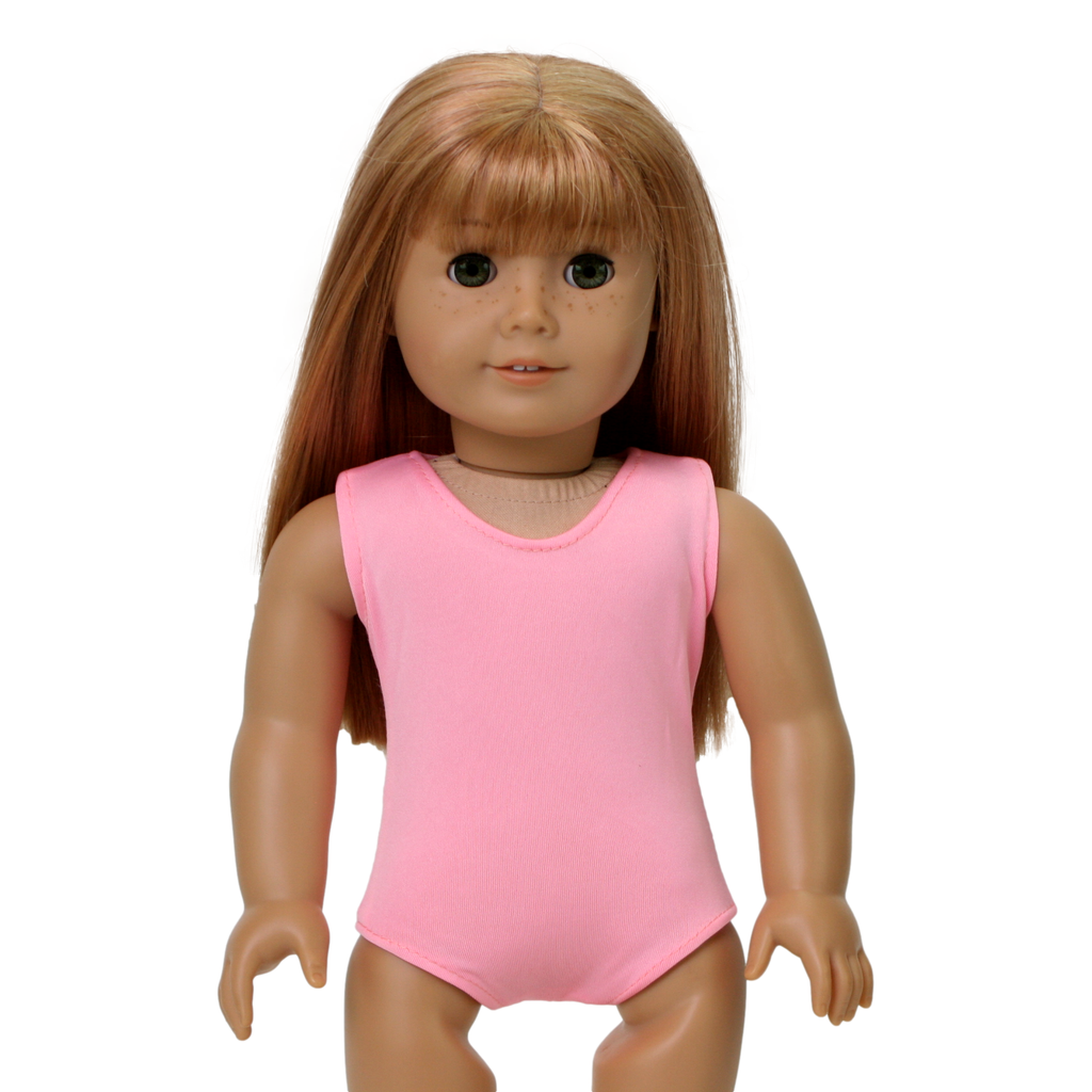An 18-inch doll wearing a pink sleeveless leotard.