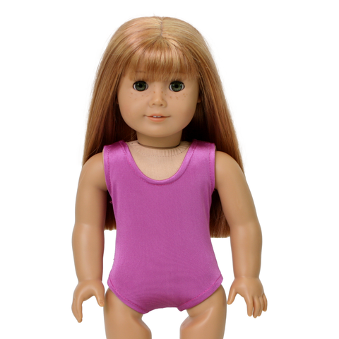 An 18-inch doll wearing a violet sleeveless leotard.