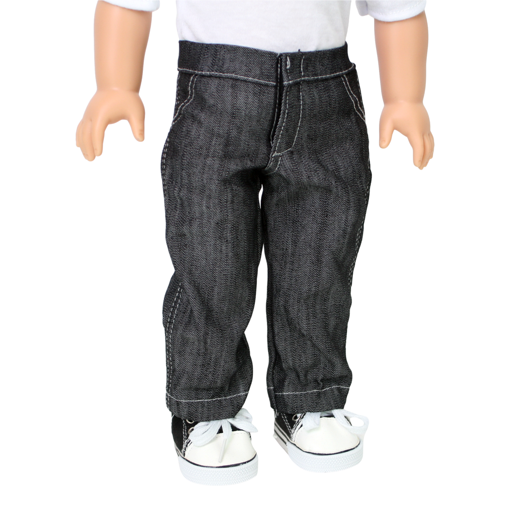 18-inch doll wearing dark washed denim jeans.