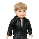An 18-inch doll wearing a black faux leather jacket with classic biker-inspired details.