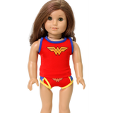 18-in doll in a two-piece Wonder Woman-style knit underwear set, featuring a red and gold superhero-inspired logo on both top and bottom.