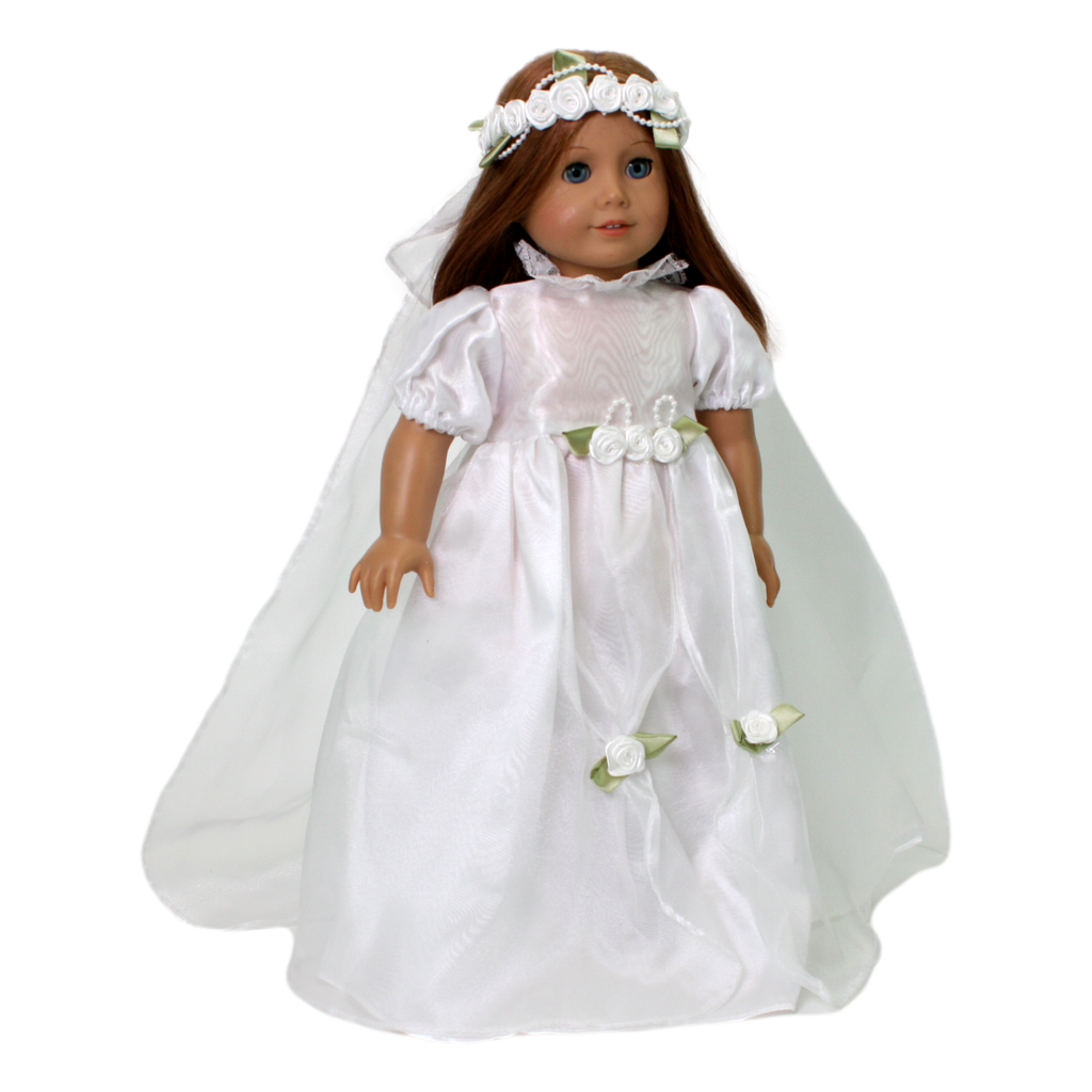 White wedding dress outfit for 18" dolls, featuring a satin gown with a sheer organza overlay, decorated with delicate roses and pearls. Includes a matching veil adorned with pearls and floral accents.