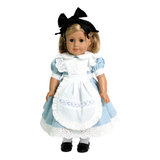 18 inch doll wearing an Alice in Wonderland style Dress. Blue dress with white attached apron