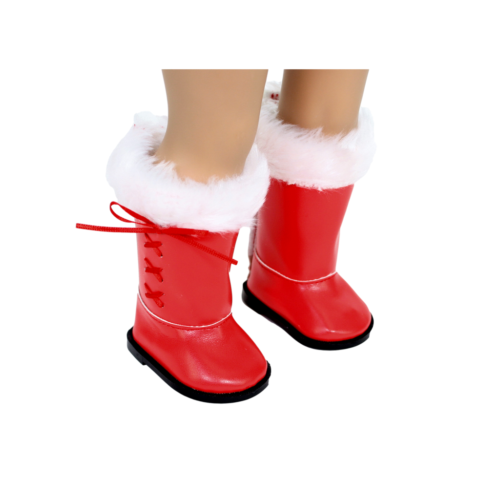 A pair of red boots with white fur trim on the top, designed for 18-inch dolls.