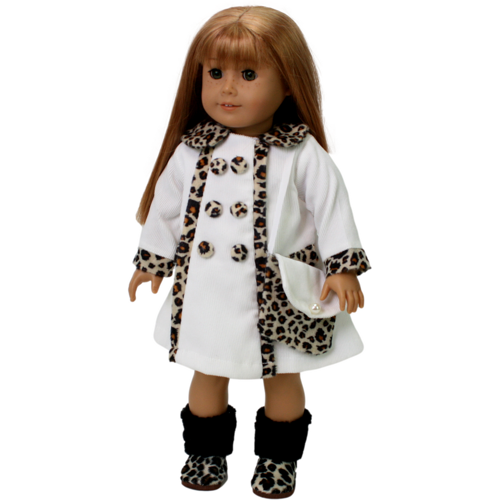18-inch doll wearing a white corduroy coat with leopard print trim, a matching decorative purse, and cozy leopard boots.