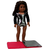 Silver and black shimmer leotard for 18" dolls, featuring contrasting black sleeves for a sleek look. Includes a reversible exercise mat for practice and play.