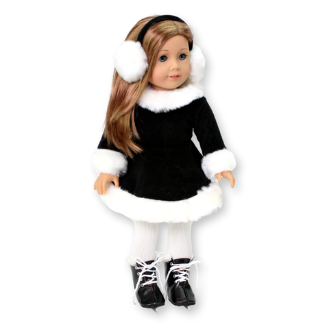 A doll wearing a black and white ice skating dress with fur trim and matching earmuffs.