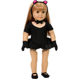 Six-piece Kitty Cat dance costume for 18" dolls, featuring a black leotard with a tulle skirt, matching gloves, a satin bowtie, a headband with cat ears, and a detachable tail.