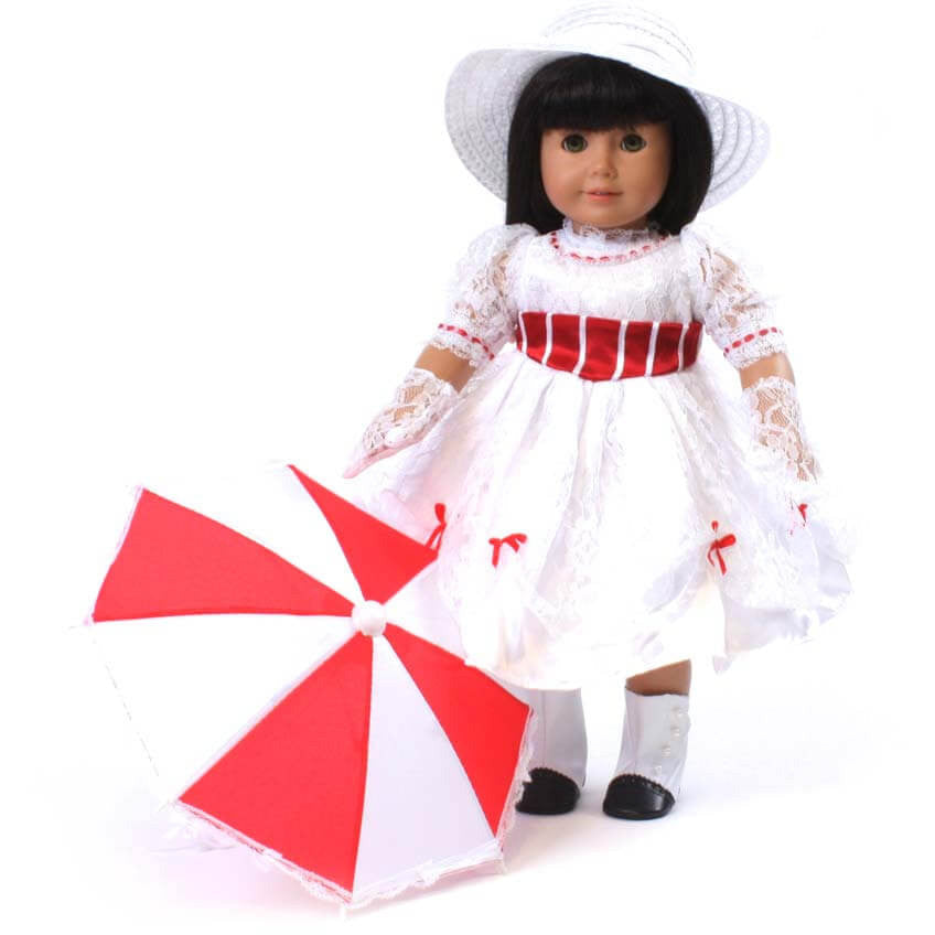Four-piece Mary Poppins-inspired outfit for 18" dolls, featuring a white lace dress with red ribbon accents, matching white lace gloves, a red and white umbrella, and a classic white straw hat. By EverEighteen
