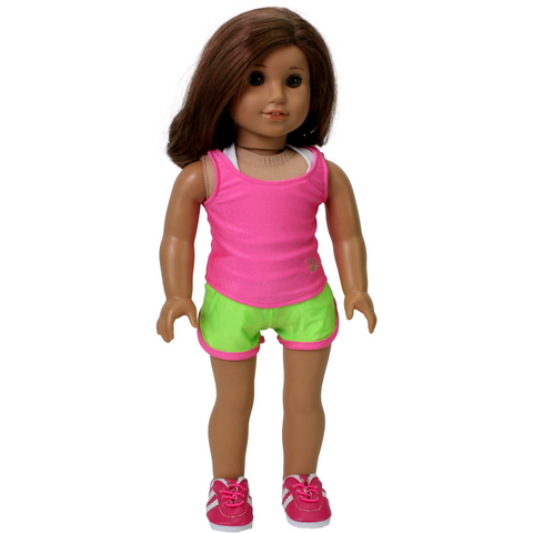 Three-piece sporty workout outfit for 18" dolls, featuring a bright pink tank top, lime green shorts with pink trim, and a white sports bra.