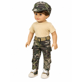 An 18-inch doll wearing a military-style outfit with a green camouflage cap, beige short-sleeve shirt, camouflage cargo pants, a tan belt, and camouflage sneakers, photographed against a plain white background.