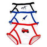 18-inch boy doll underwear 3 pack with firetruck, rocket, and dinosaur designs.