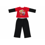 Red shirt with superhero graphics and black pants for an 18 inch doll