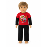 An 18" Boy Doll wearing a red and black outfit with superhero graphics