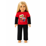 An 18" Girl Doll wearing a red and black outfit with superhero graphics