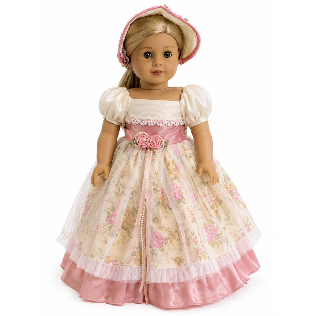 An 18-inch blonde doll wearing a vintage-style pink-and-cream dress with floral patterns, ruffles, and a matching bonnet.