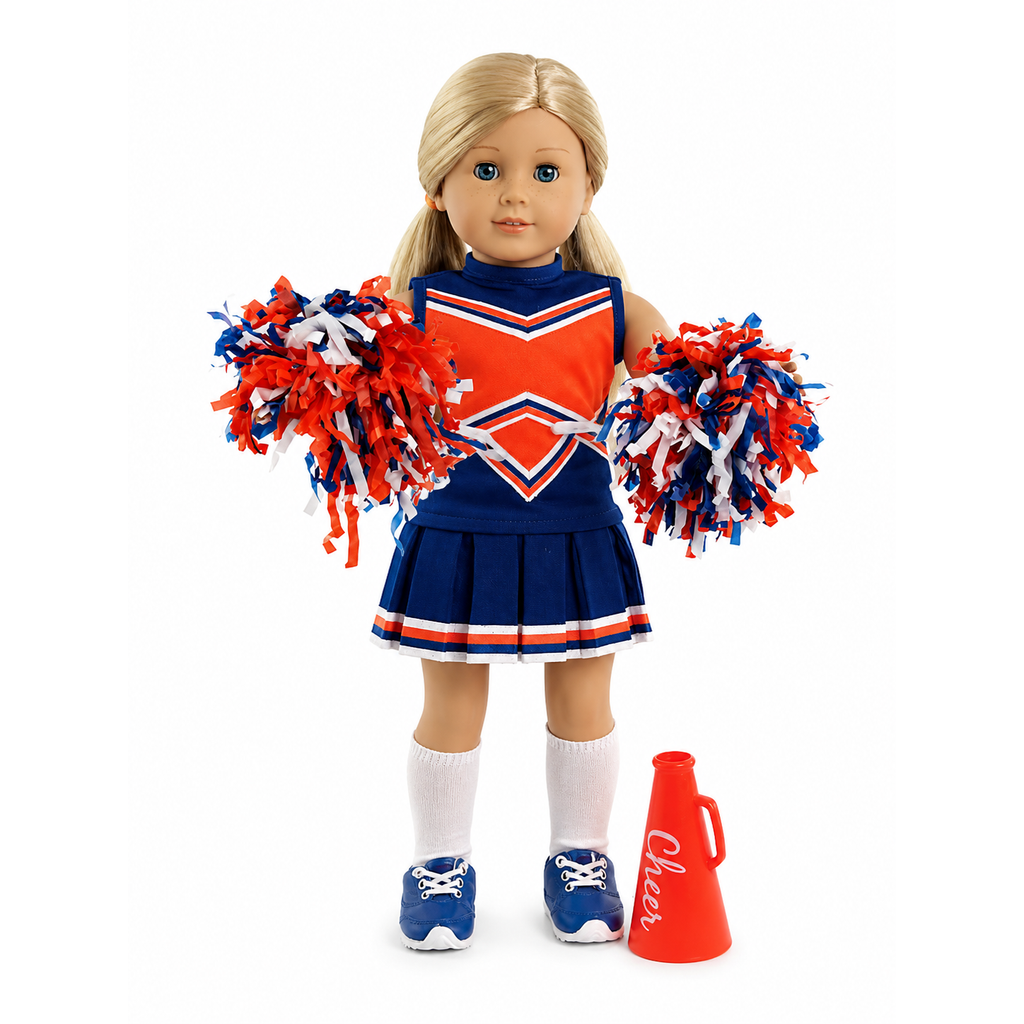 18-inch doll wearing a blue and orange cheerleader outfit with pom-poms, shoes, socks, and megaphone.