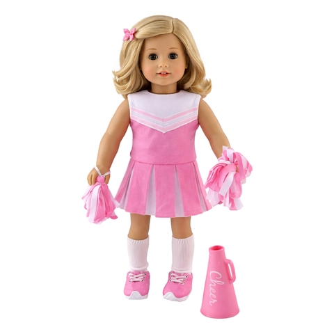 An 18" Doll in pink cheerleader outfit with pom-poms and megaphone on a white background