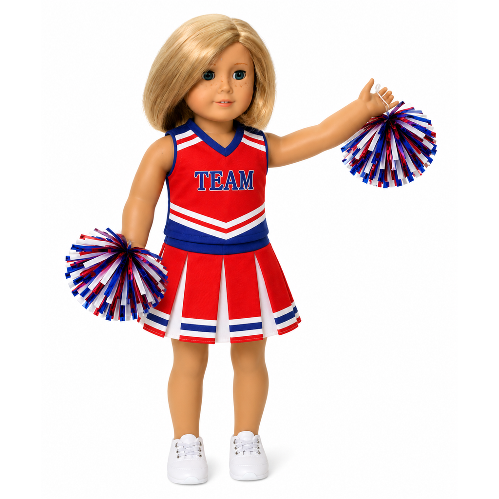 A blonde 18-inch doll standing against a white background, wearing a red, white, and blue cheerleader outfit with pom-poms.