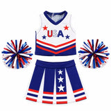 A patriotic USA cheerleader outfit for 18-inch dolls featuring a red, white, and blue cheer top, matching pleated skirt, and red, white, and blue pom-poms.