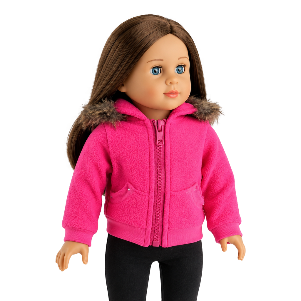 18-inch doll wearing a pink jacket with fur trim