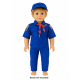 18-inch doll wearing a blue scout uniform with a red and blue neckerchief