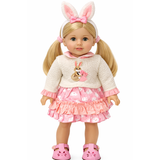Easter bunny 3-piece dress set for 18-inch doll with dress, sweater, and bunny ears headband.