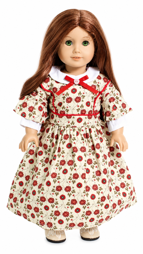 18-inch doll wearing a colonial-inspired floral dress with a white Peter Pan collar, red satin bow, lace-trimmed white pantaloons. Perfect for American Girl-sized dolls.