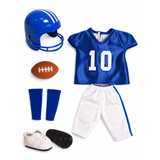 Blue football jersey with number 10, helmet, football, socks, shoes, and cleats for an 18-inch doll
