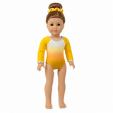 18-inch doll gold ombre gymnastics leotard with sparkling rhinestones, silver trim, and matching gold scrunchie displayed on a white background.
