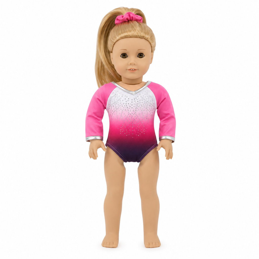 18-inch doll pink ombre gymnastics leotard with sparkling rhinestones, silver trim, and matching pink scrunchie displayed on a white background.