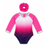 Pink ombre gymnastics leotard with sparkling rhinestones, silver trim, and matching pink scrunchie that fits an 18-inch doll