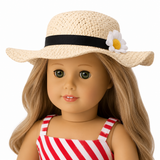 18-inch doll straw sun hat with black ribbon and white daisy flower accessory designed to fit American Girl® dolls and other 18-inch dolls.