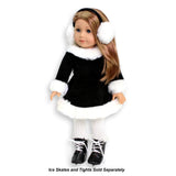 18" Doll wearing a black and white outfit with earmuffs. Ice skates and Tights sold separately.