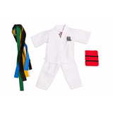 White martial arts uniform with colorful belts for an 18-inch doll