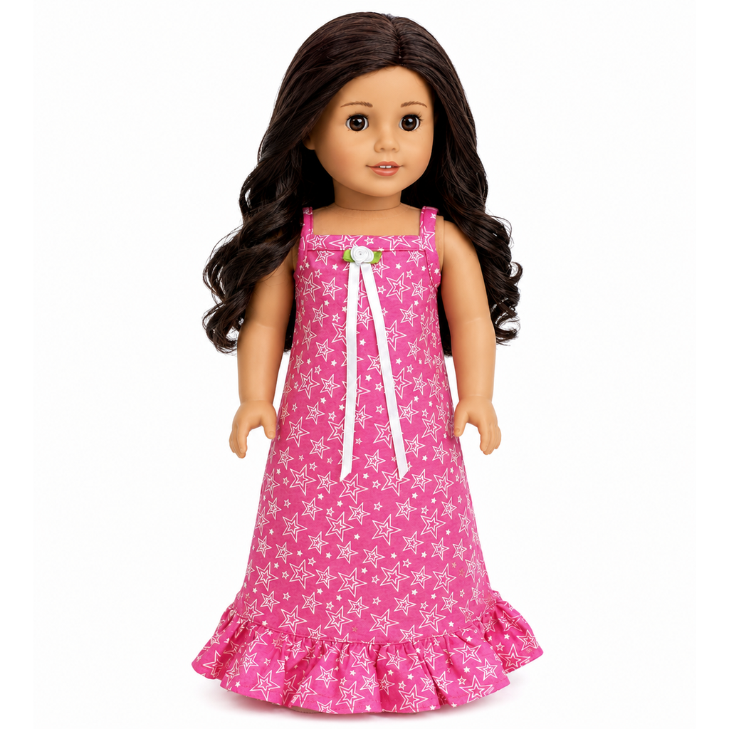 18" doll wearing a pink sleeveless nightgown with white stars, ribbon and rose accent, and ruffled hem
