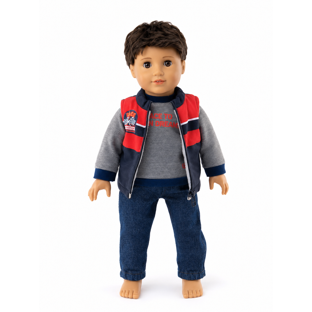 18-inch doll wearing a Race to Your Dreams shirt, puffer vest, and denim pants.