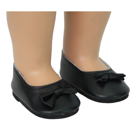 A side view of Shoe for 18" doll Black Ballet Flats with a bow