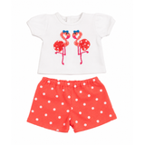 White flamingo T-shirt with coral pink polka dot shorts outfit for 18-inch dolls.