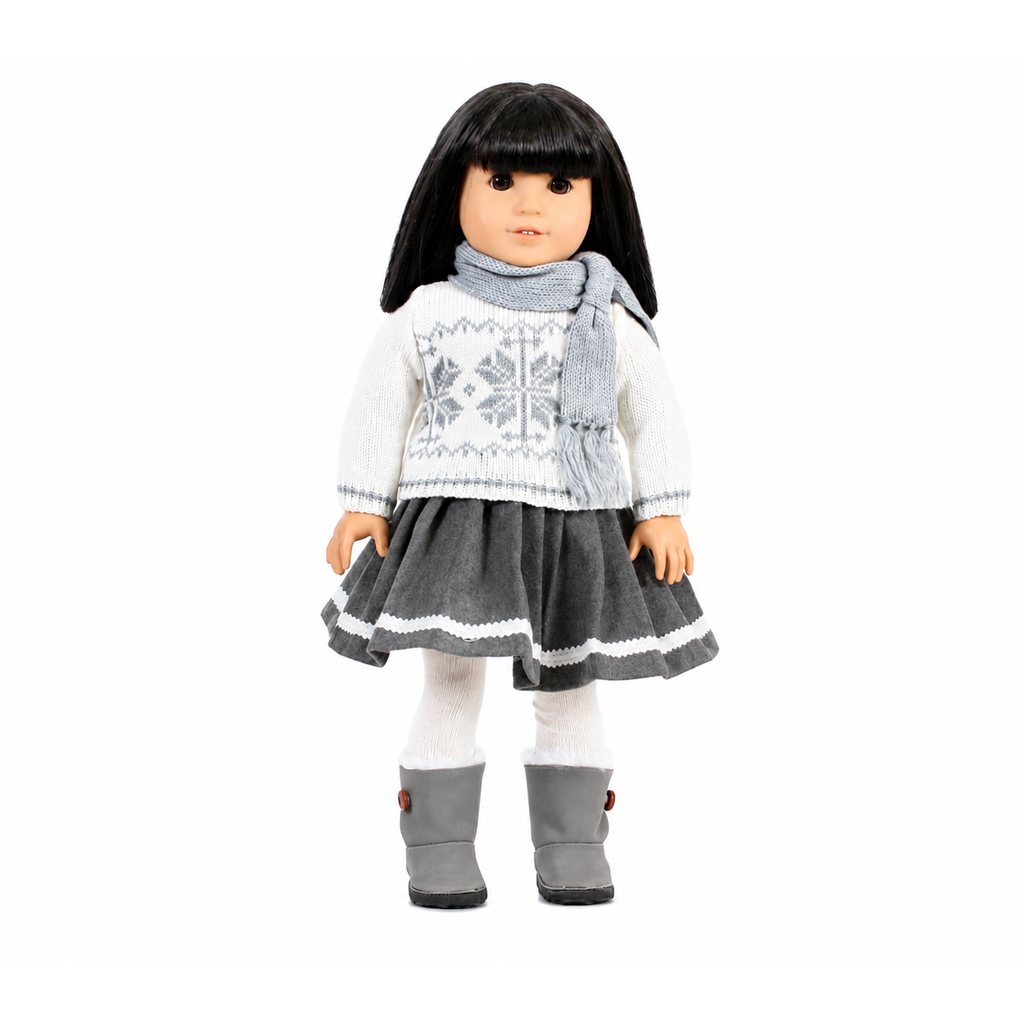 An 18-inch doll wearing a gray and white sweater and skirt set. Also wearing a gray scarf.