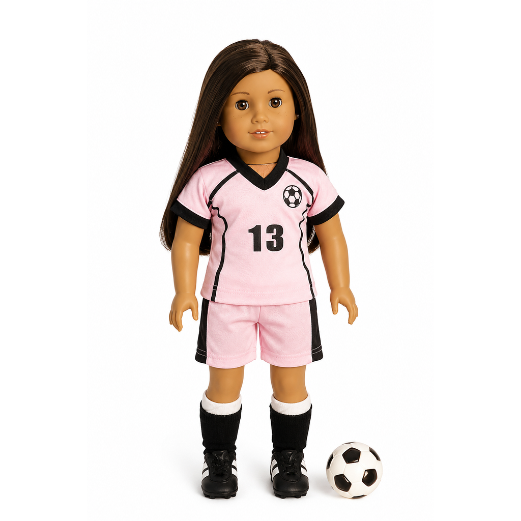 18-inch doll wearing a pink soccer jersey with the number 13, shorts, and cleats, standing next to a soccer ball.