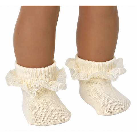 Ivory cream ruffled lace socks designed to fit 18-inch dolls, perfect for dresses, formal outfits, and historical costumes.