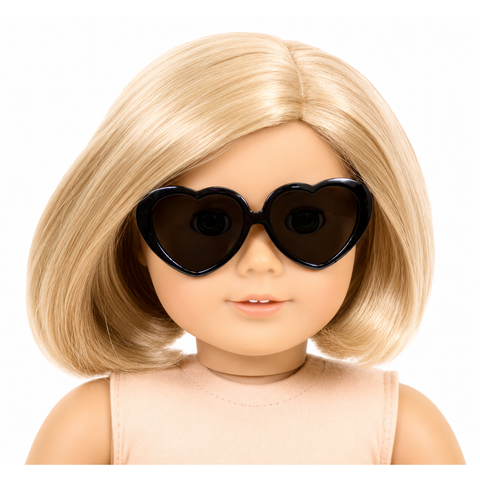 Black heart-shaped plastic sunglasses designed to fit 18-inch dolls, stylish summer eyewear accessory for doll outfits.